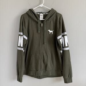 Y2K Victoria’s Secret PINK Zip Up Hoodie Army Olive Green Size M Puppy 2000’s